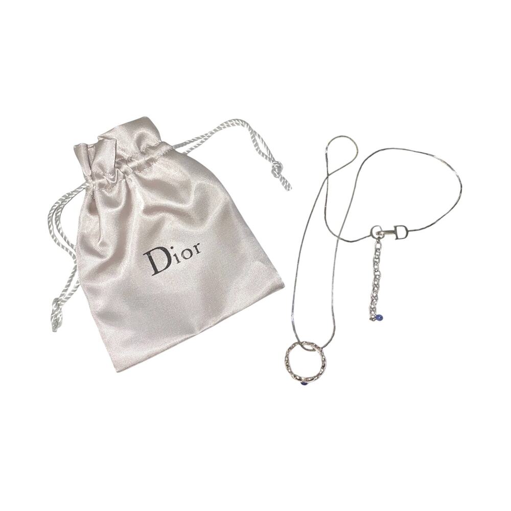 Christian Dior Vintage 2002 Silver Metal Lapis Lazuli Flower Ring on Necklace